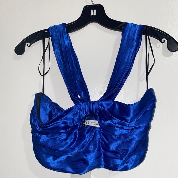 Zara Royal Blue Satin Silk Halter Keyhole Crop Top XSmall XS - Picture 5 of 6